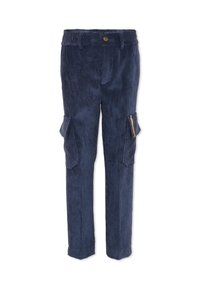 Un pantalon cargo en velours côtelé marine présente une coupe fuselée, une taille élastique, des poches latérales et deux poches cargo avec fermetures éclair et rabats.