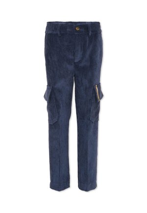 I pantaloni cargo in corduroy blu navy presentano una vestibilità affusolata, una vita elastica, tasche laterali e due tasche cargo con chiusura a zip e pattina.