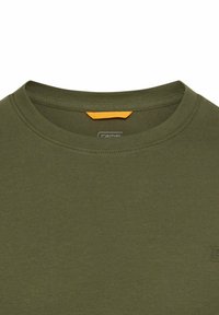 Groene katoenen T-shirt met een ronde hals, voorzien van een klein logotag en een oranje accent op de binnenkant van de hals. Zachte, gladde textuur.