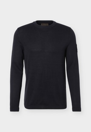 Pull noir à manches longues pour homme avec col rond, poignets et ourlet côtelés, présenté sur fond blanc.