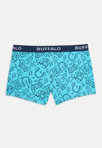 Šviesiai mėlyna trumpikė su juodais muzikos ir žaidimų simboliais, o juosta tamsiai mėlyna su baltomis raidėmis "BUFFALO".
