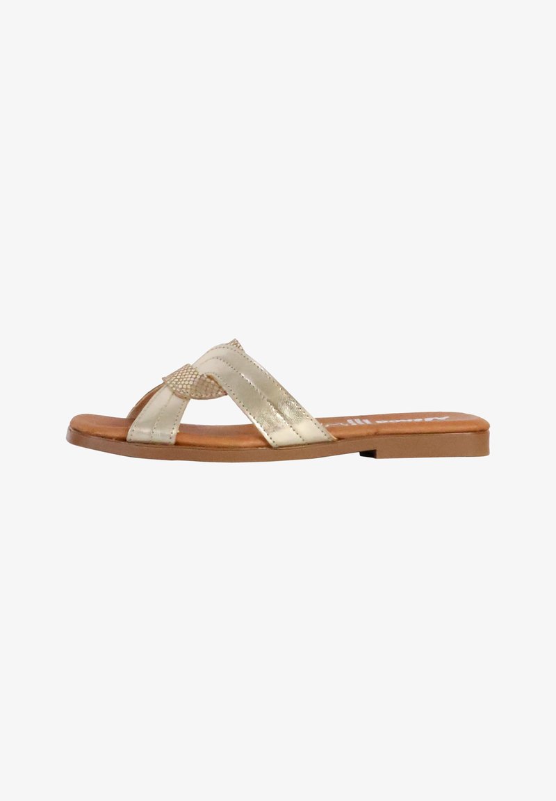 Gold metallic slip-on sandals with a flat sole, cross-strap design, and textured accents. Lightweight construction suitable for casual wear.