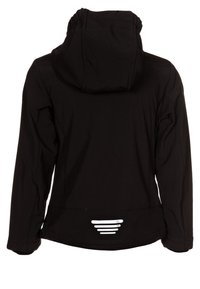 Schwarze Kapuzenjacke, von hinten gezeigt, mit langen Ärmeln und einem reflektierenden weißen Streifenmuster nahe dem unteren Saum.