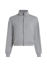 Graue, kurz geschnittene Zip-Jacke mit hohem Kragen, langen Ärmeln und gerippten Bündchen. Verfügt über ein dezentes gesticktes Logo auf der Vorderseite. Weicher Stoff.