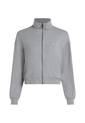 Sivý skrátený zip-up kabát s vysokým golierom, dlhými rukávmi a rebrovanými manžetami. V prednej časti má jemne vyšívané logo. Mäkká textúra látky.