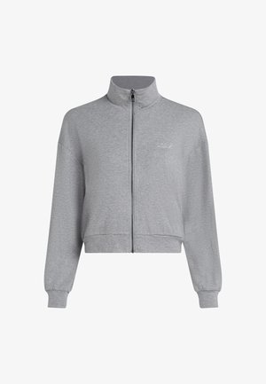 Grijze cropped zip-up jack met hoge kraag, lange mouwen en geribbelde boorden. Heeft een subtiel geborduurd logo op de voorkant. Zachte stofstructuur.