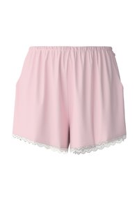 Lichtroze shorts van zachte stof, met een elastische tailleband, zijzakken en een witte kantafwerking langs de zoom.