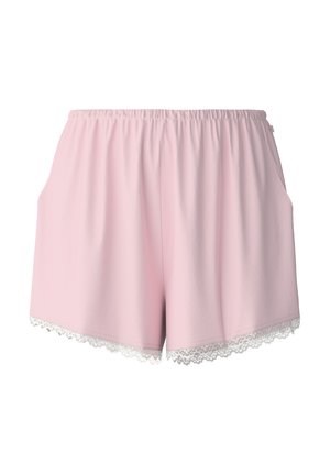 Light pink shorts made of soft fabric, featuring an elastic waistband, side pockets, and white lace trim along the hem.