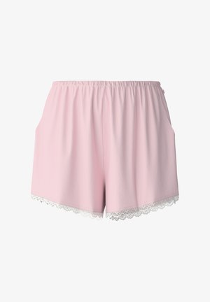 Lichtroze shorts van zachte stof, met een elastische tailleband, zijzakken en een witte kantafwerking langs de zoom.