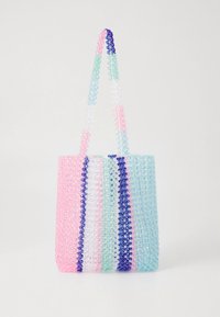 Translucent plastic tote bag with vertical stripes in pink, blue, and green. Features two shoulder straps and a square design.