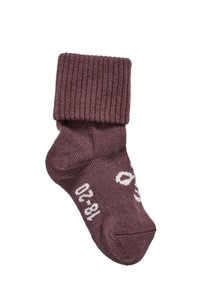 Bordeaux barnstrumpa med ribbad mudd, formsydd passform, vit tryckt storlek "18-20" på sulan. Mjuk textur, lämplig för vardagsbruk.