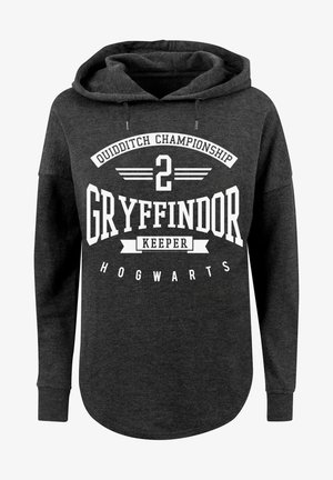 Ciemnoszara bluza z kapturem z grafiką z przodu: "Mistrzostwa Quidditcha 2 Obrońca Gryffindoru Hogwarts", z białym tekstem i akcentami.