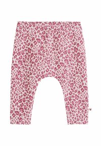 Babyleggings med rosa och vitt leopardmönster, elastisk midjeresår och en liten hjärttagg på sidan.