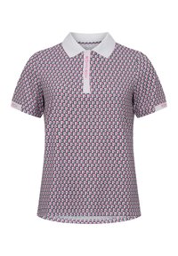 Polohemd aus gemustertem Stoff mit einem weißen Kragen. Das Design zeigt eine Wiederholung von pinken, schwarzen und türkisfarbenen Formen. Kurze Ärmel.