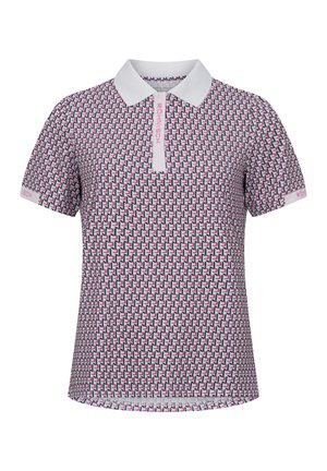 Polo shirt in gemusterde stof met een witte kraag. Het ontwerp kenmerken een herhaling van roze, zwart en teal vormen. Korte mouwen.
