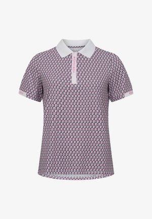 Polohemd aus gemustertem Stoff mit einem weißen Kragen. Das Design zeigt eine Wiederholung von pinken, schwarzen und türkisfarbenen Formen. Kurze Ärmel.