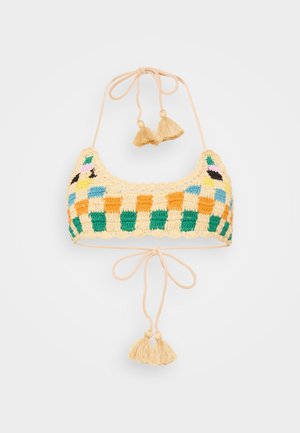 Szydełkowy bikini górny w żółto-zielono-pomarańczowo-niebieski szachownicowy wzór, z dwoma chwostami i wiązaniem z tyłu.