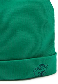 Gorro de punto acanalado verde con borde doblado; presenta un diseño bordado de un oso en azul oscuro en el borde.