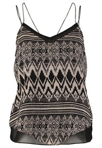 Top sans manches noir et beige pour femme avec fines bretelles et motifs tribaux géométriques.