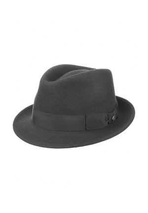 Dark gray felt fedora hat with a wide brim, indented crown, and a fabric band detail wrapped around the base.