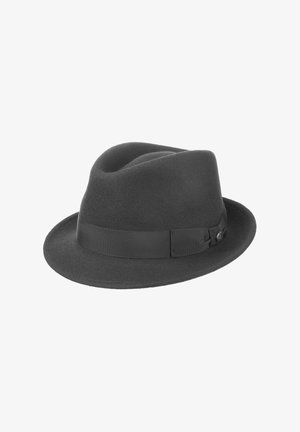 Dark gray felt fedora hat with a wide brim, indented crown, and a fabric band detail wrapped around the base.