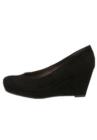 Black suede wedge heel shoe with a rounded toe and smooth texture; features a moderate height wedge for added stability.