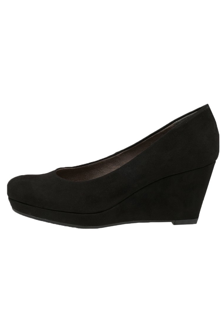 Black suede wedge heel shoe with a rounded toe and smooth texture; features a moderate height wedge for added stability.