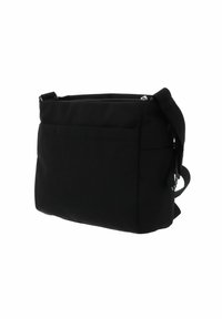 Borsa a tracolla nera in tessuto, di forma rettangolare, con tracolla regolabile, chiusura con zip superiore e una tasca frontale per ulteriore spazio di stoccaggio.