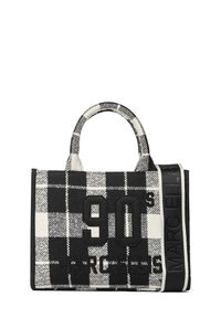 Borsa in tessuto a quadri bianco e nero con doppi manici, scritte in rilievo "90's" e "MARCELLI", con finitura testurizzata.