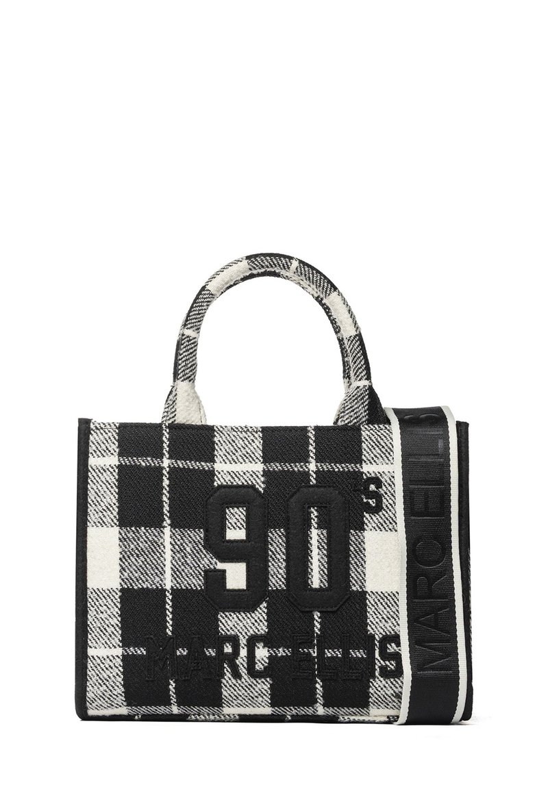 Borsa in tessuto a quadri bianco e nero con doppi manici, scritte in rilievo "90's" e "MARCELLI", con finitura testurizzata.