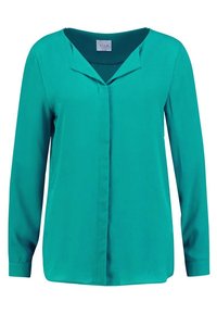 Blusa turchese a maniche lunghe in tessuto morbido con scollatura a V e patta centrale con bottoni. Presenta una vestibilità ampia e orlo dritto.