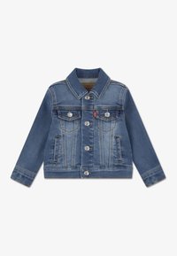 Közép-kék farmerruha klasszikus gallérral, két mellzsebbel, gombos rögzítéssel és kontrasztos varrással.