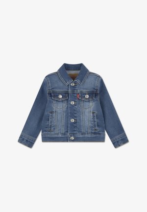 Denim jacket in medium blue, featuring a classic collar, two chest pockets, button closure, and contrasting stitching.