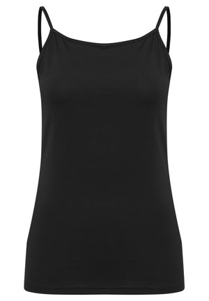 Top de tirantes negro hecho de una tela suave, con tirantes delgados ajustables, un corte relajado y un diseño liso y sin costuras.