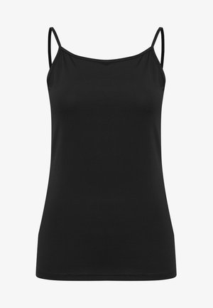 Top de tirantes negro hecho de una tela suave, con tirantes delgados ajustables, un corte relajado y un diseño liso y sin costuras.