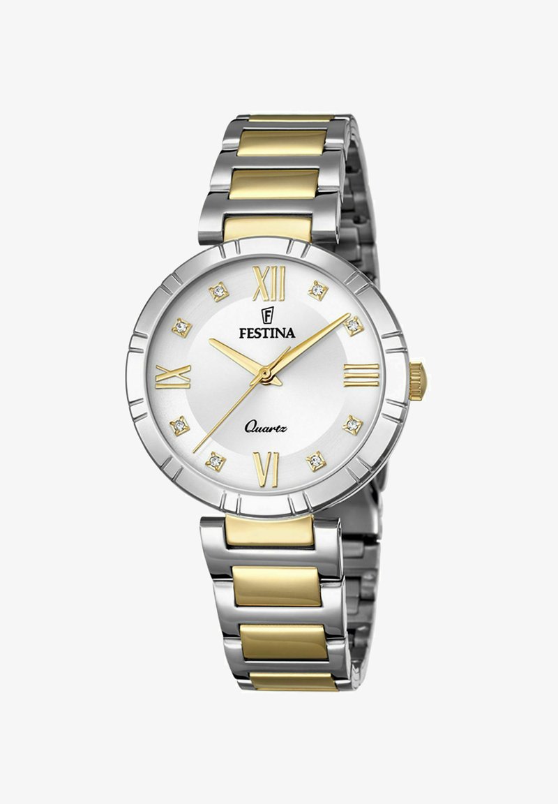 Orologio in quarzo argento e oro con quadrante bianco, numeri romani, dettagli in cristallo e bracciale in metallo bicolore.