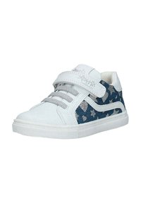 Sneaker bianca con fascia in velcro, tomaia in tela blu scuro con motivi a stella argentati, e suola in gomma bianca texturizzata.