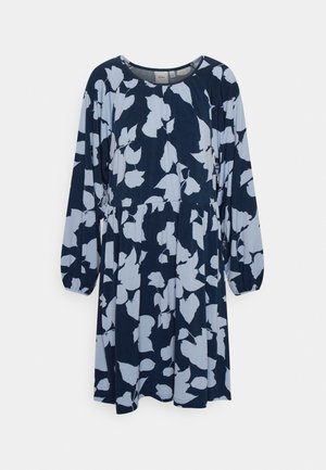 Vestido azul-marinho com mangas longas oversized, apresentando um padrão floral azul claro, cintura franzida e decote redondo.