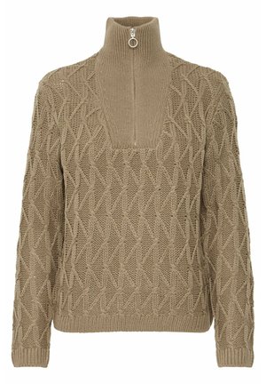 Maglione beige a maglia con colletto alto e zip a un quarto, caratterizzato da un motivo testurizzato di diamanti intrecciati. Polsini e orlo a costine.