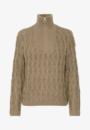 Bež pletena pulover s visokim ovratnikom in četrt zadrgo, ki vsebuje teksturiran vzorec prepletenih diamantov. Rebrasti manšeti in rob.