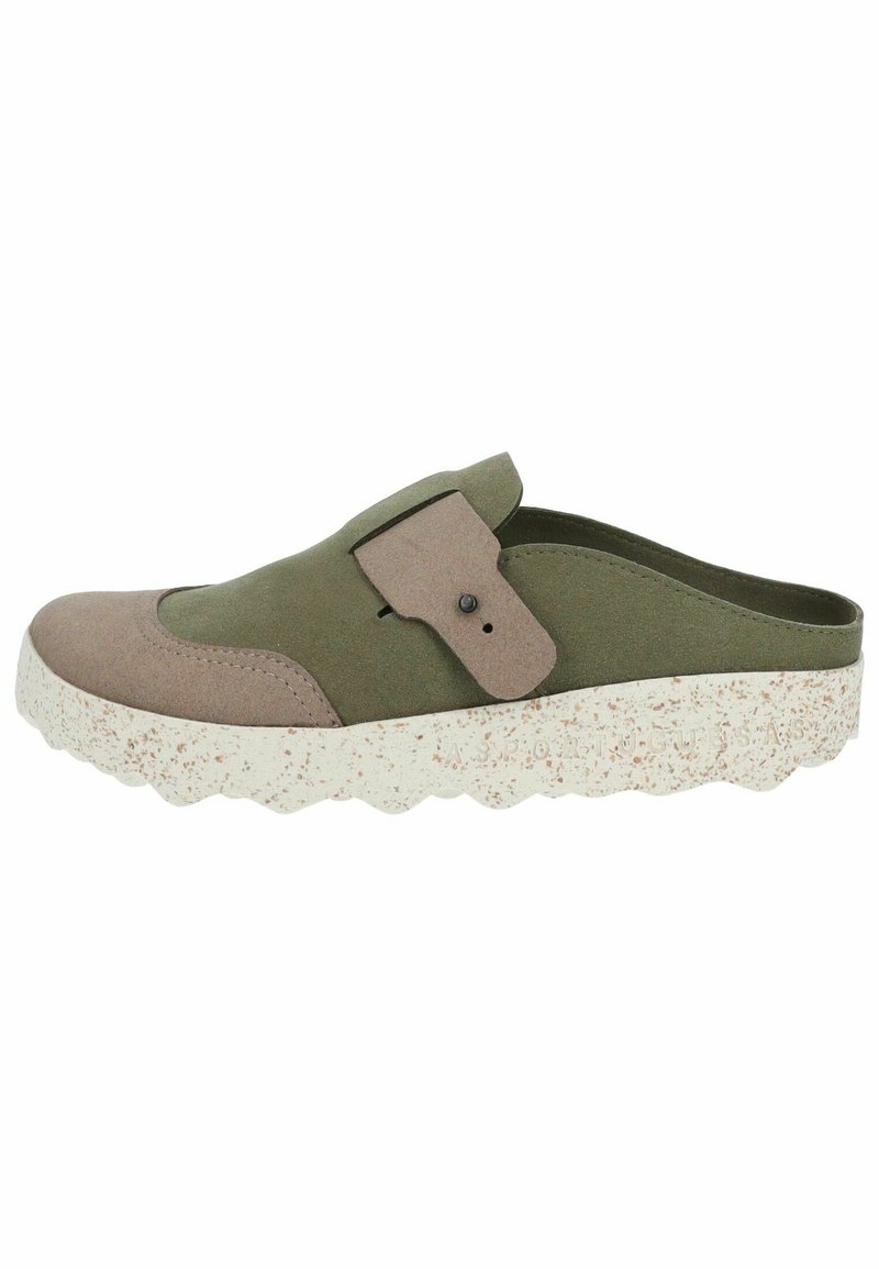 Green and tan slip-on shoe with a textured surface, rounded toe, and speckled white outsole. Features a strap with a button detail.