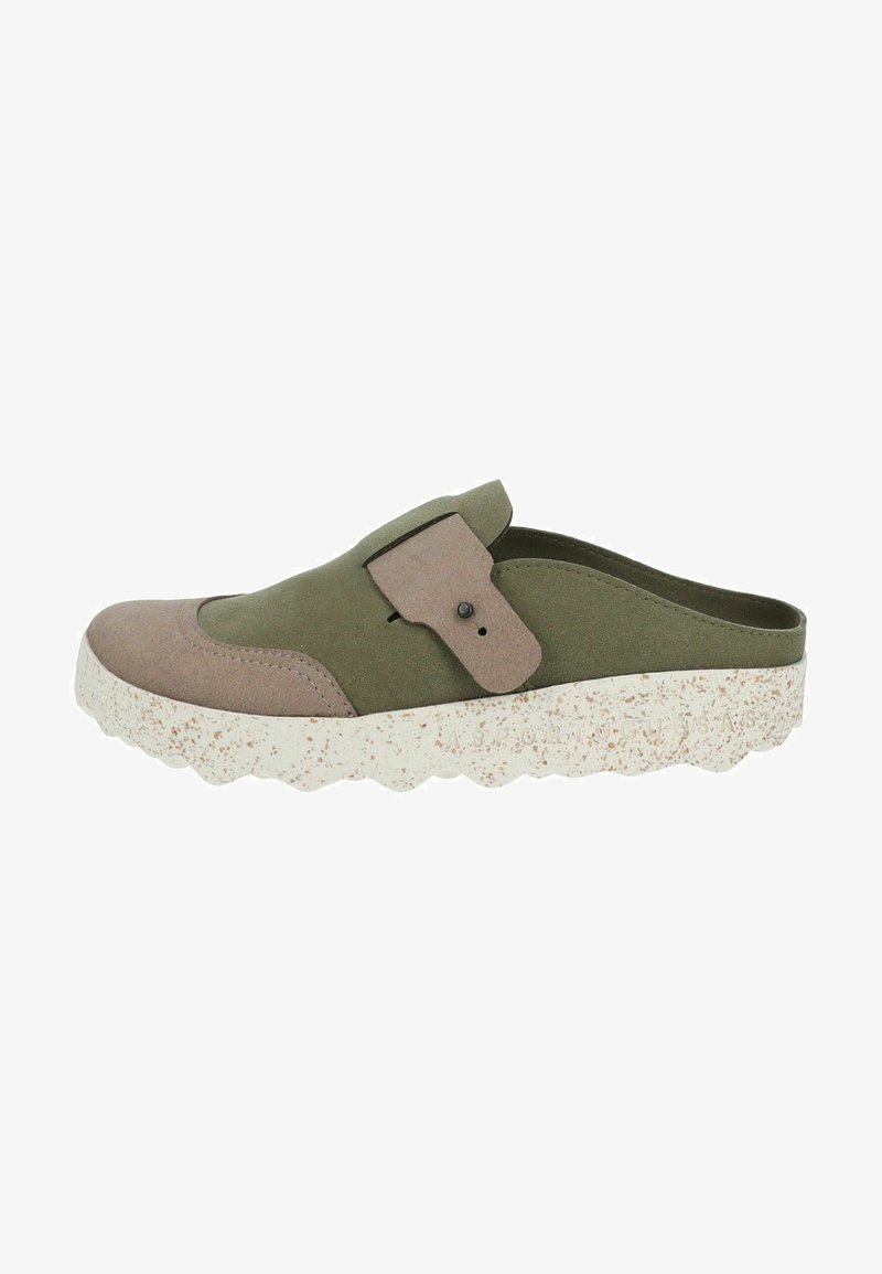 Green and tan slip-on shoe with a textured surface, rounded toe, and speckled white outsole. Features a strap with a button detail.