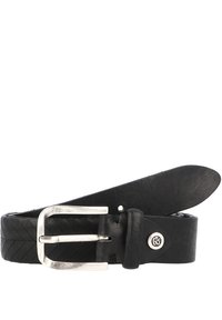 Zwarte leren riem met gevlochten textuur, zilveren rechthoekige gesp en een accentknopdetail. Glad afgewerkte achterkant.