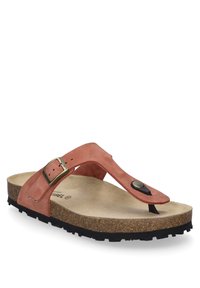 Flip-flop sandaali, jossa on korallinvärinen nahkainen päällinen, säädettävä metallinen solki, musta kumipohja ja ruskea korkkijalkapohja.
