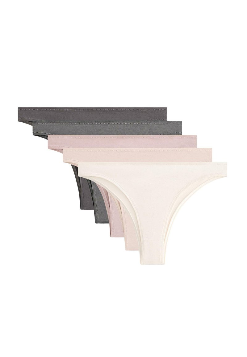 Komplet petih ženskih tang v sivi, črni, rožnati, svetlo rožnati in krem barvi. Mehka tkanina z elastičnimi pasovi in brezšivnimi robovi.