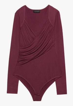 Burgundské body s dlouhým rukávem, s překládaným designem a nařasenou texturou vpředu, s kulatým výstřihem a patentkami na dně.