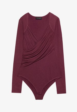 Burgunderfarget langermet bodysuit med omslagdesign og rynket tekstur foran, med rund hals og trykknap lukking nederst.