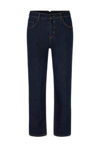 Dark blue denim jeans featuring a straight leg design, five pockets, and a button fly with visible stitching accents.