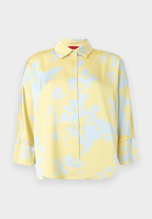 Κίτρινο πουκάμισο με κουμπιά και ανοιχτό μπλε floral σχέδιο, μακριά μανίκια και κλασικό γιακά.