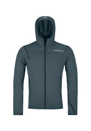 Dunkelgraue Kapuzenjacke mit durchgehendem Reißverschluss, langen Ärmeln und zwei mit Reißverschluss verschließbaren Fronttaschen, mit dem "ORTOVOX"-Logo auf der oberen linken Brust.